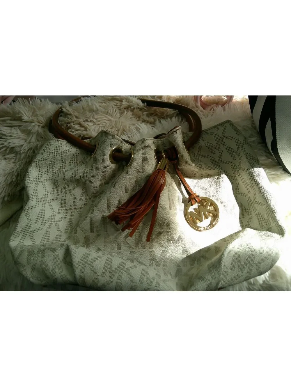 Michael Kors Beige and Brown Monogram Tote Bag with Tassel Charm